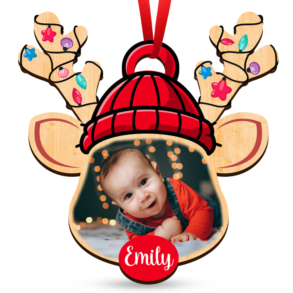 Cute Reindeer Baby Photo Wood Ornament Personalized Gift For Baby